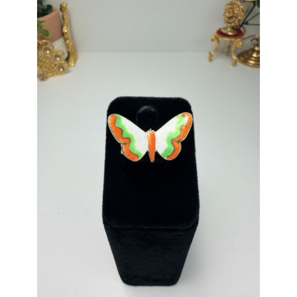 Vintage Multicolor  Enamel Butterfly Ring Adjustable Size Band Pretty